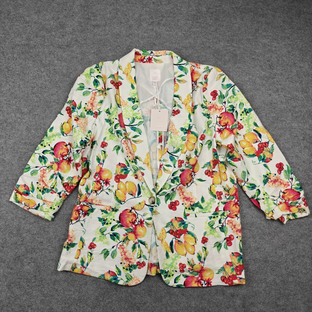 LC Lauren Conrad Blazer Womens Large White Floral Lined Shawl Collar One-Button